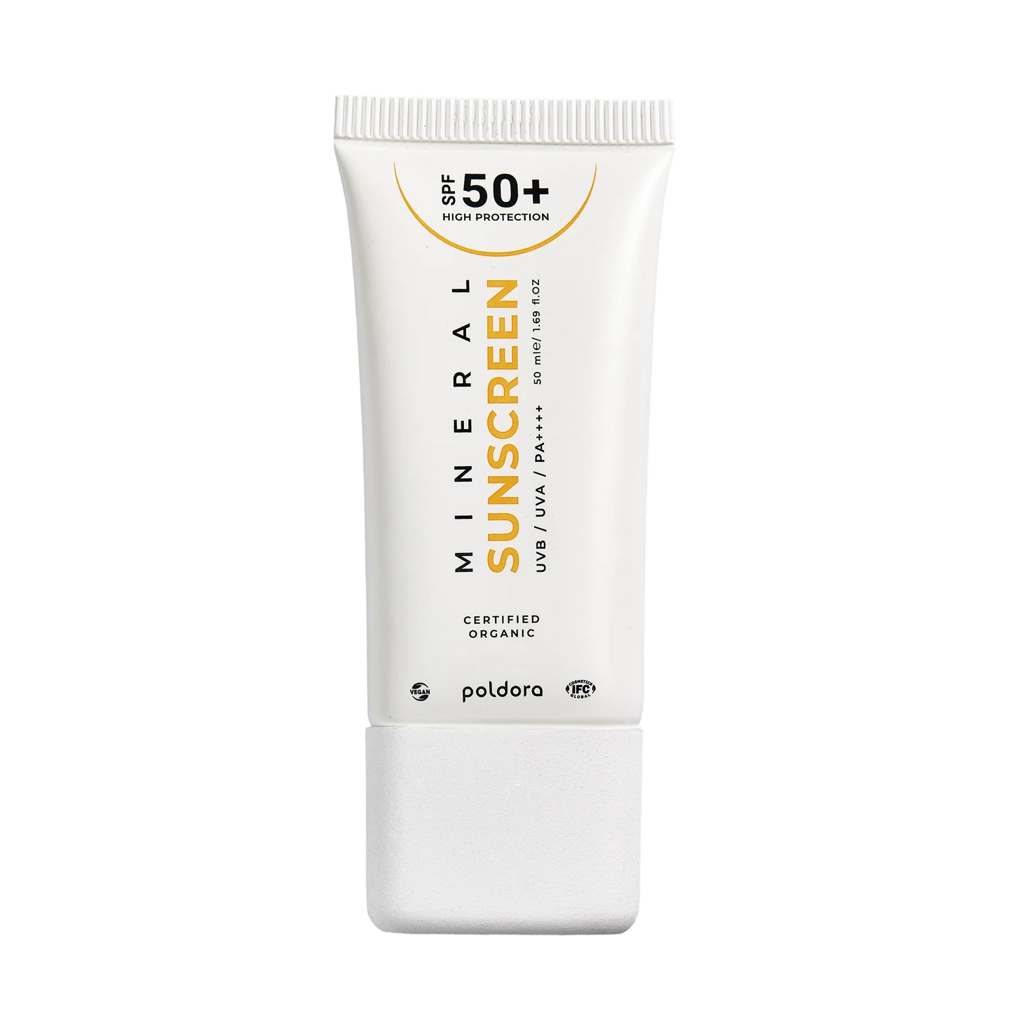 Sunscreen tube with SPF 50+ on a white background