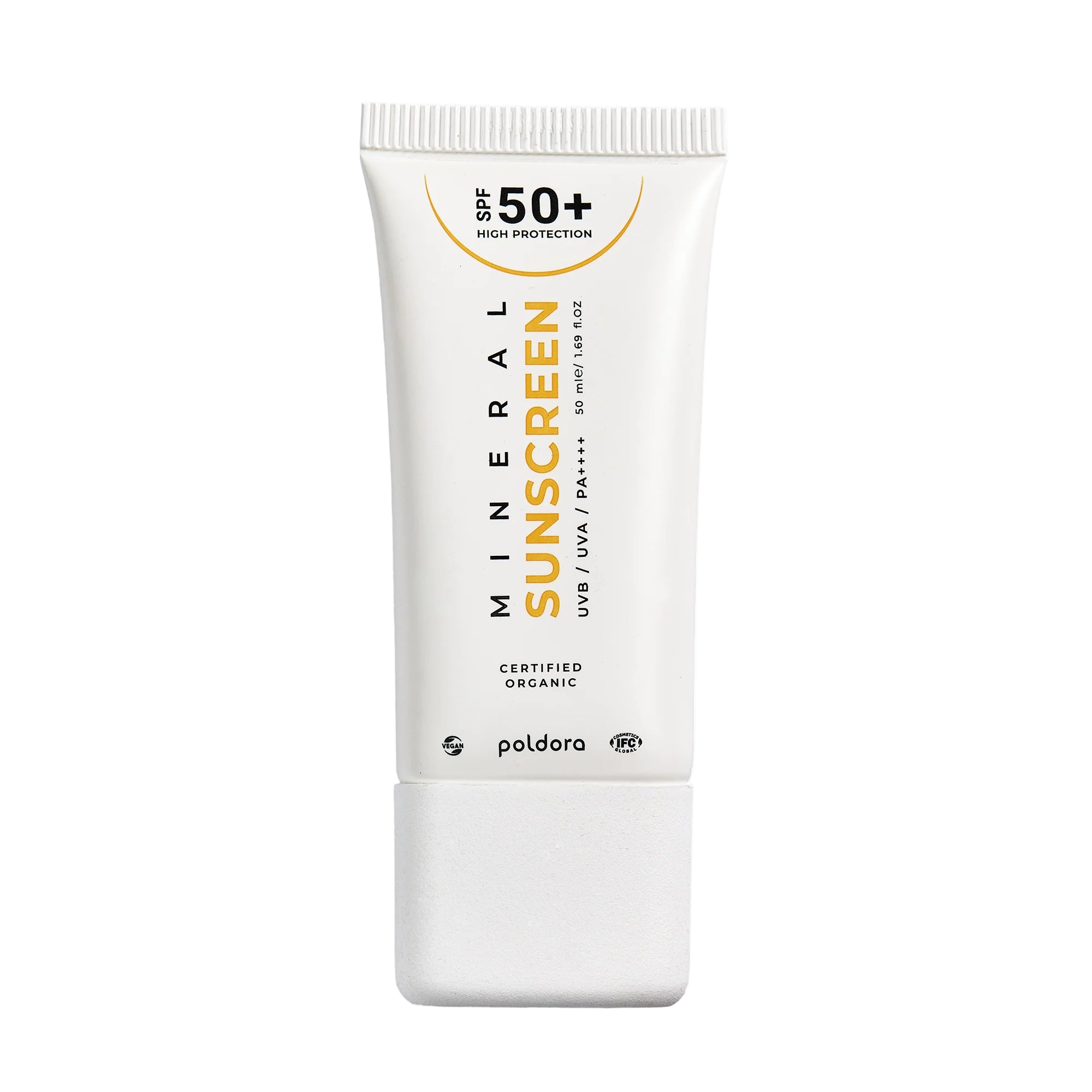 Sunscreen tube with SPF 50+ on a white background